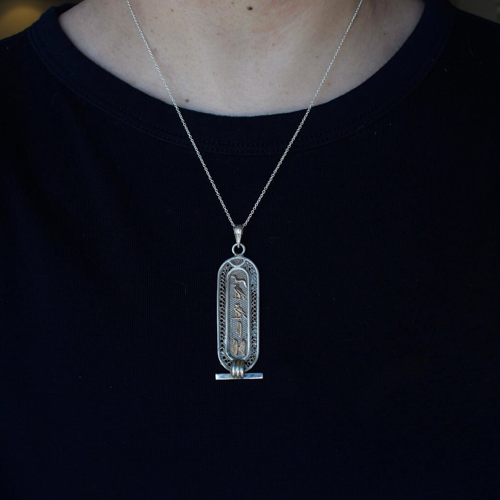 Large Vintage Sterling Silver and 18k Gold Hieroglyphs Cartouche Pendant Necklace c.1970s