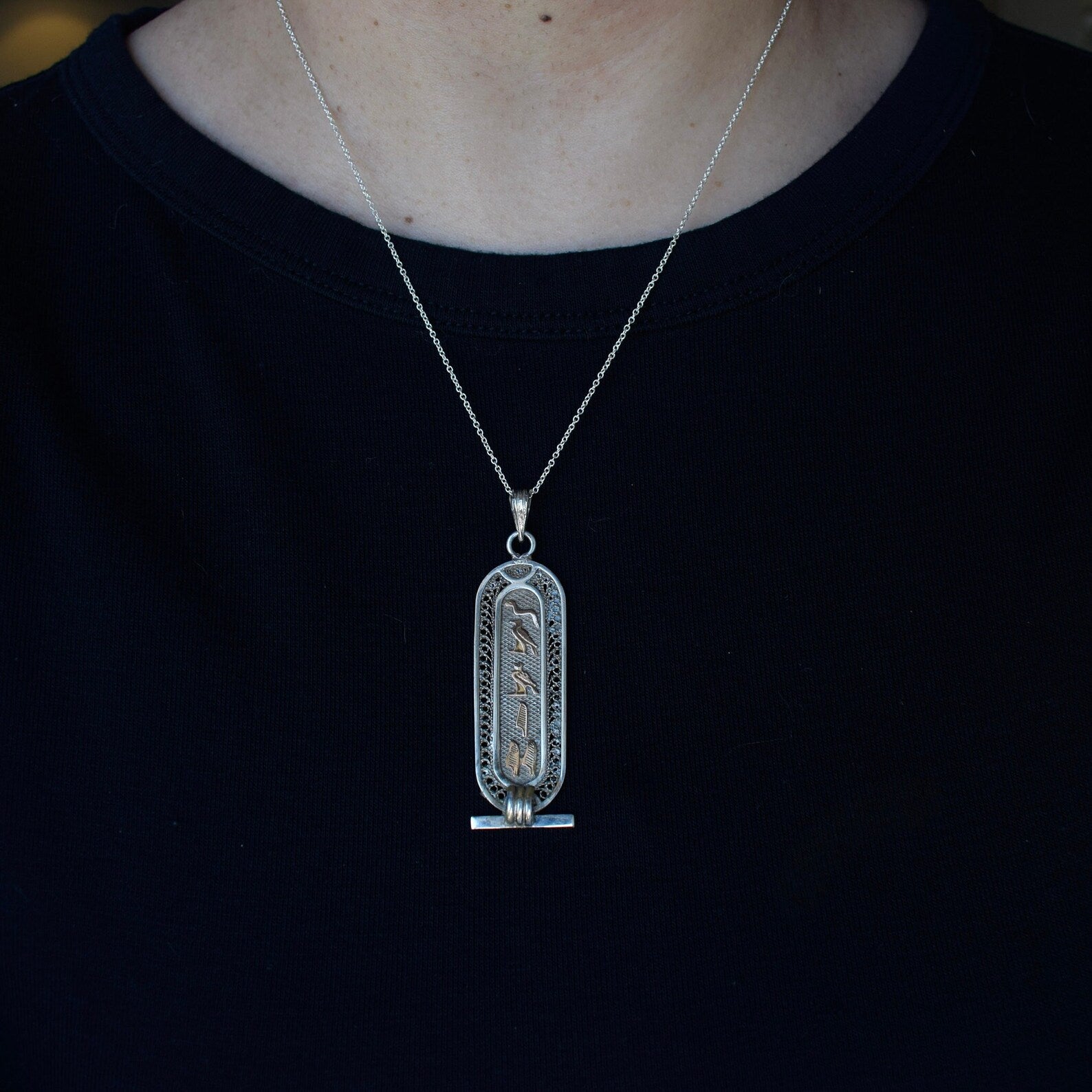 Large Vintage Sterling Silver and 18k Gold Hieroglyphs Cartouche Pendant Necklace c.1970s