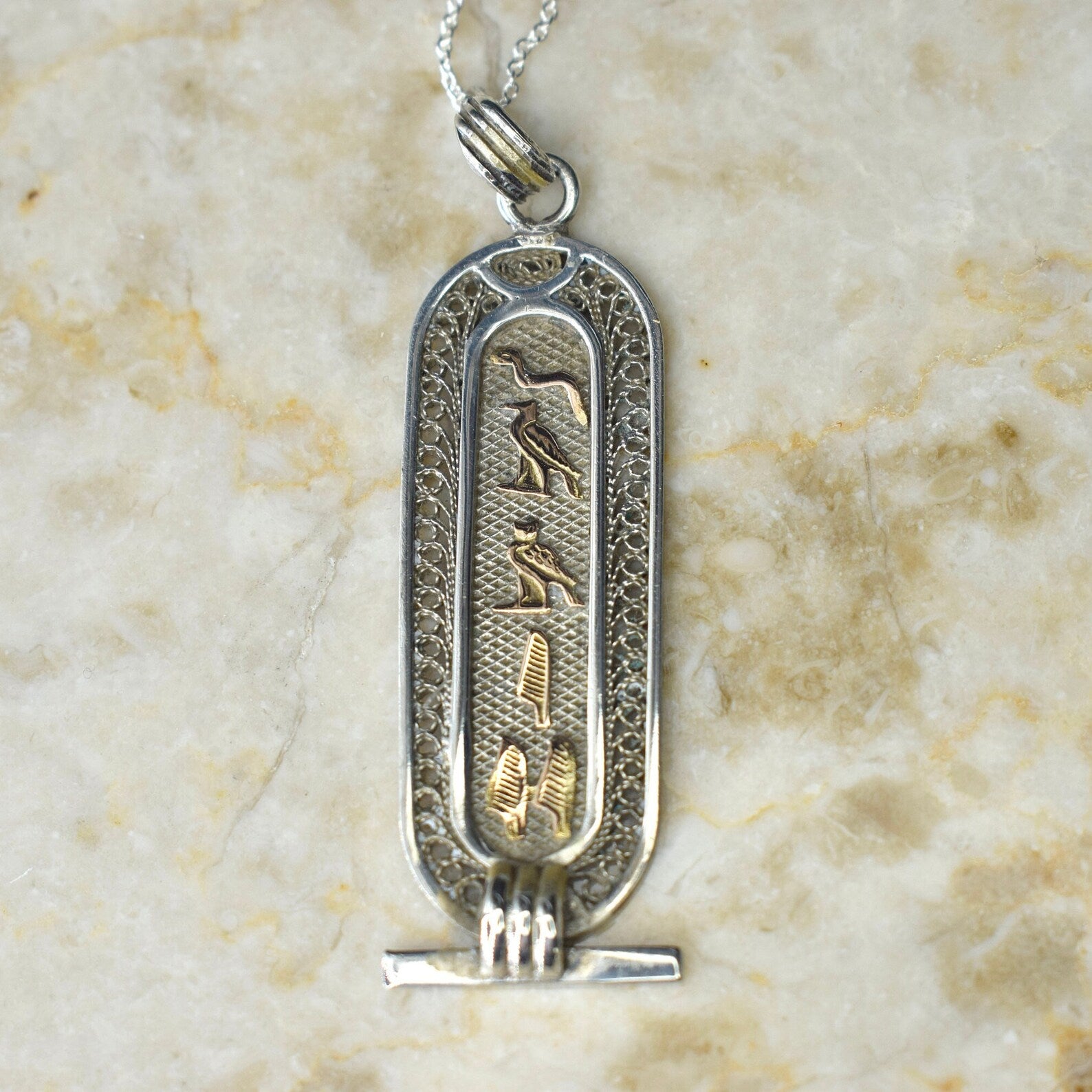 Large Vintage Sterling Silver and 18k Gold Hieroglyphs Cartouche Pendant Necklace c.1970s