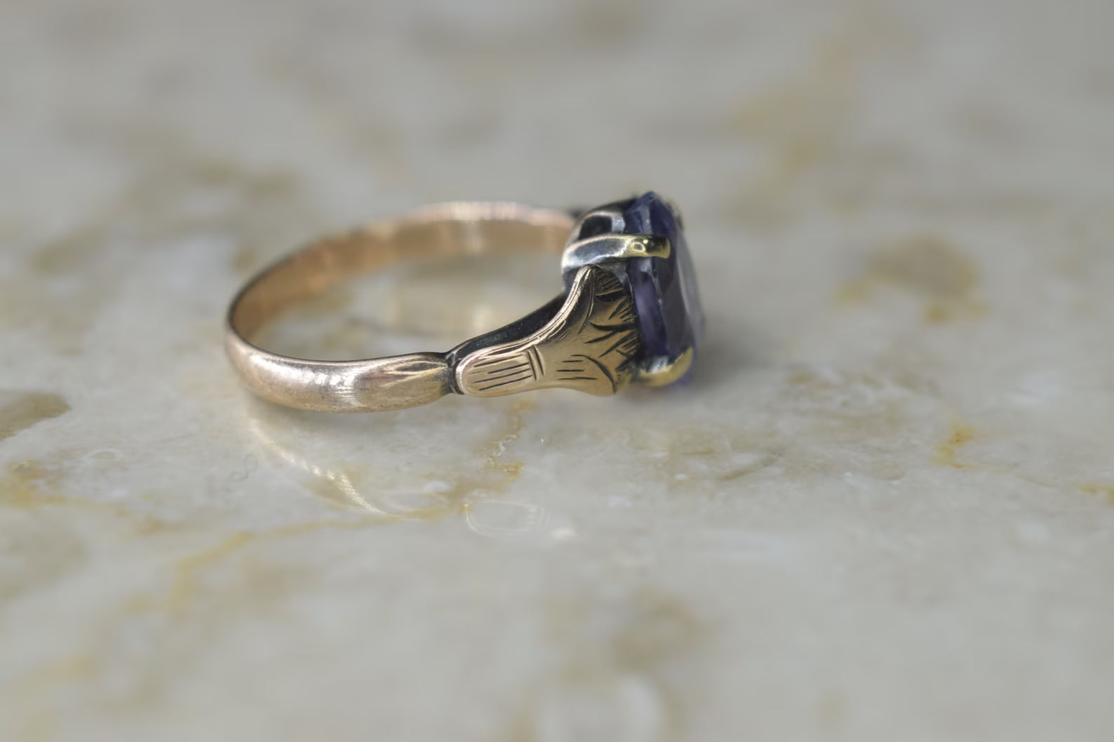 Vintage 14k Gold Lotus Flower Ring with 1.36ct Color Change Sapphire c.1970s