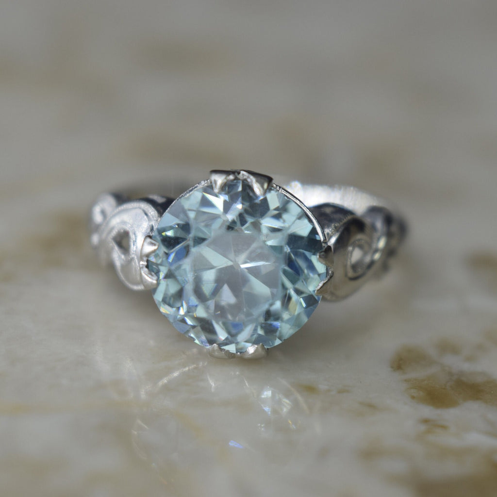 Vintage 14k White Gold Blue Zircon Ring c.1940s