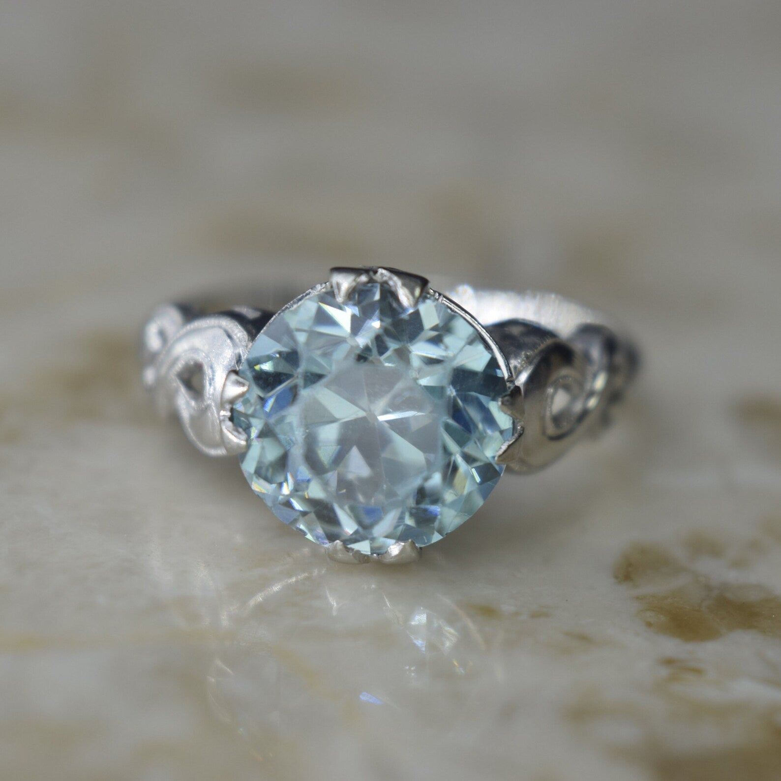 Vintage 14k White Gold Blue Zircon Ring c.1940s