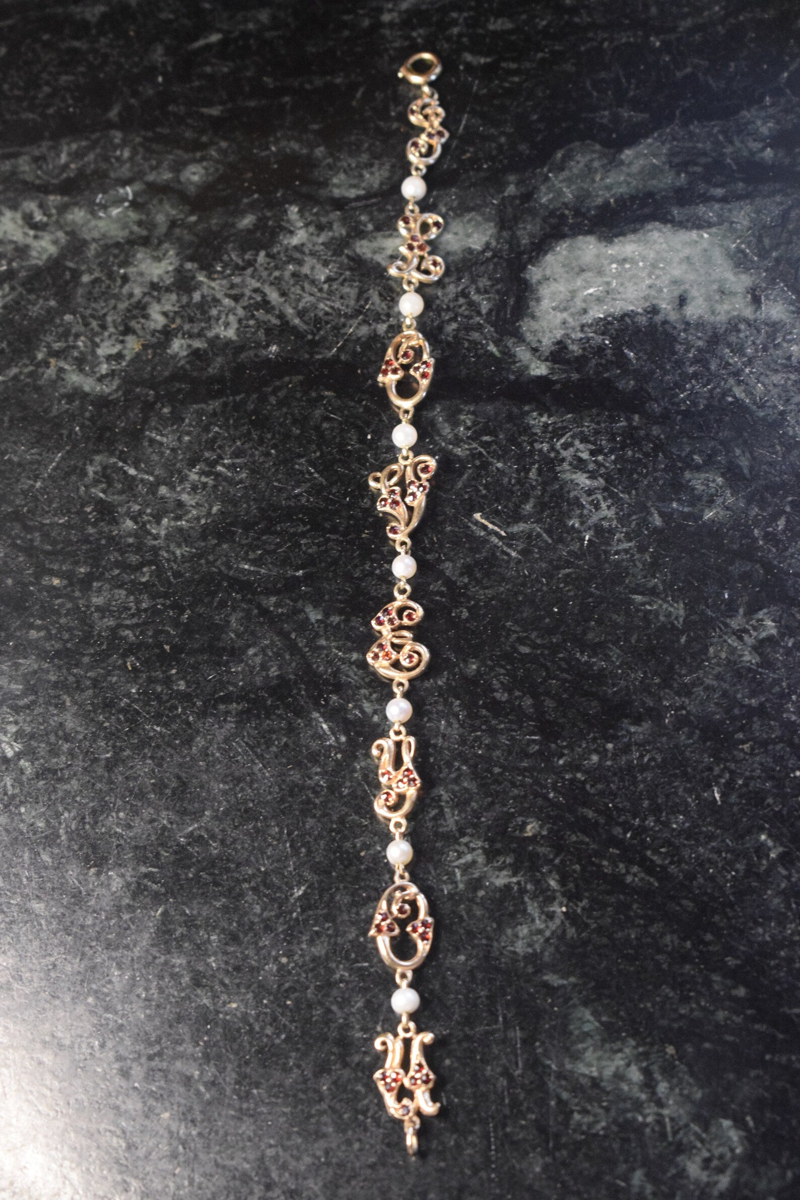 Vintage 14k Gold Garnet and Cultured Pearl “I Love You” Bracelet