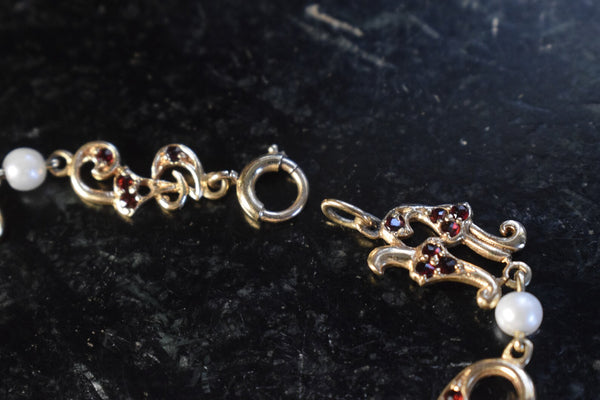 Vintage 14k Gold Garnet and Cultured Pearl “I Love You” Bracelet