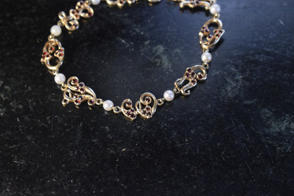 Vintage 14k Gold Garnet and Cultured Pearl “I Love You” Bracelet