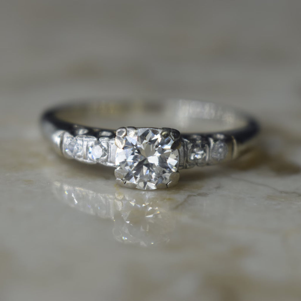 Vintage 14k White Gold Transitional Cut Diamond Ring .62 ctw