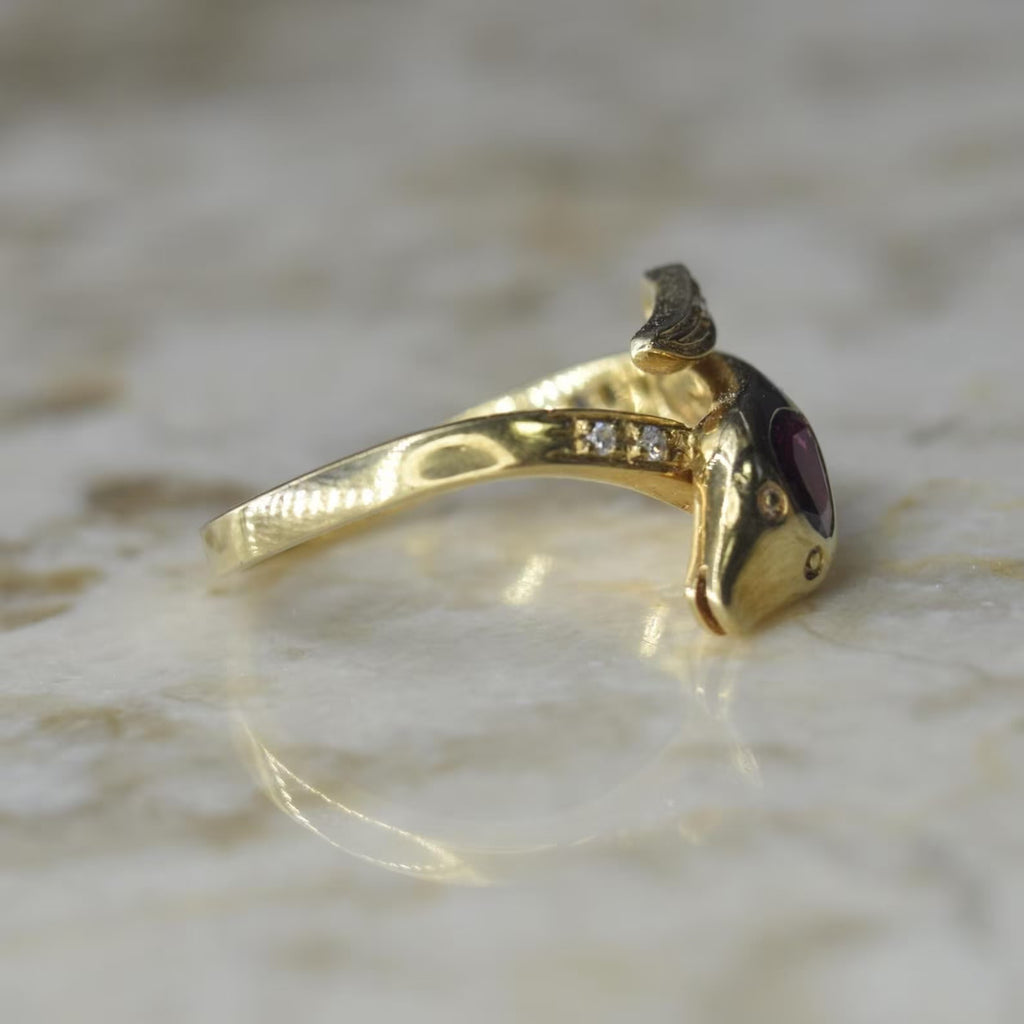 Vintage 18k Gold Ruby and Diamond Snake Ring Italian c.1980s
