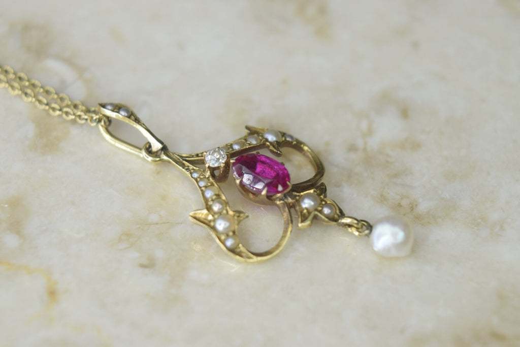 Antique Edwardian 14k Gold Ruby, Diamond, and Seed Pearl Lavaliere Charm c.1901