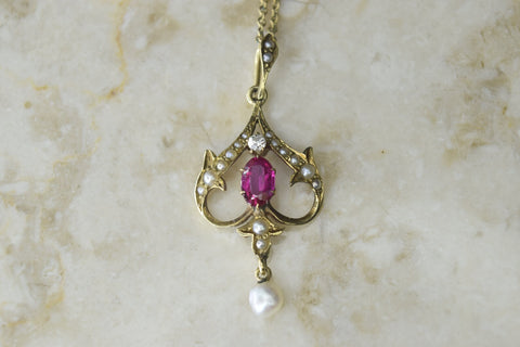 Antique Edwardian 14k Gold Ruby, Diamond, and Seed Pearl Lavaliere Charm c.1901
