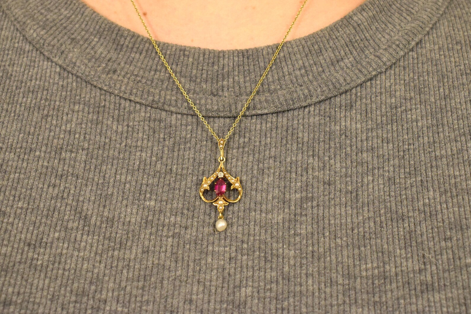 Antique Edwardian 14k Gold Ruby, Diamond, and Seed Pearl Lavaliere Charm c.1901
