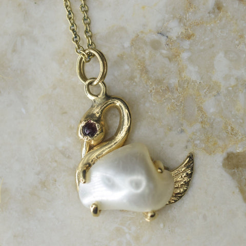 Vintage 14k Gold and Baroque Pearl Swan Charm Necklace c.1970s