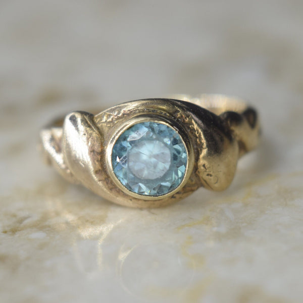 Antique Victorian 14k Gold Double Snake Ring with Blue Zircon c.1890s