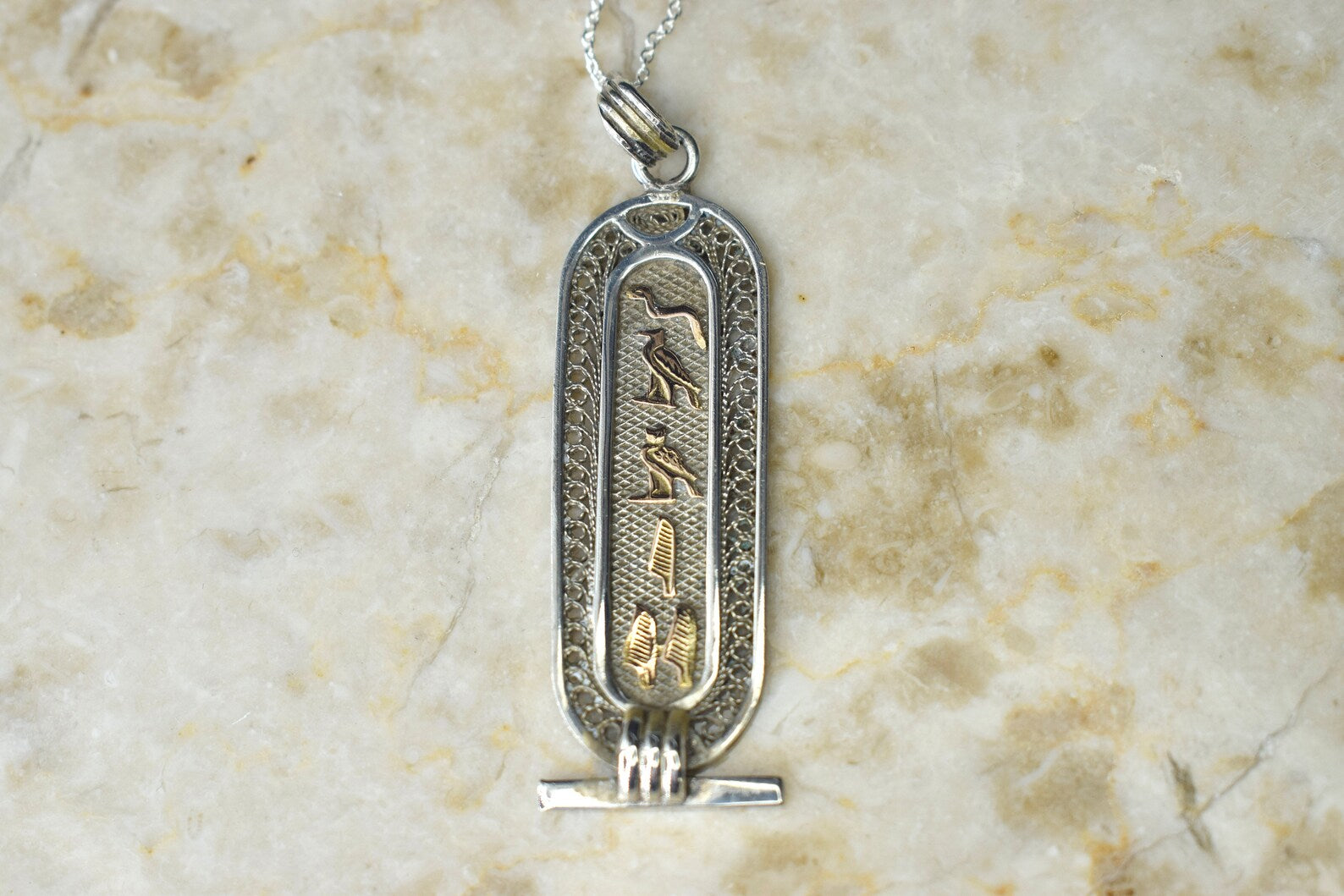 Large Vintage Sterling Silver and 18k Gold Hieroglyphs Cartouche Pendant Necklace c.1970s