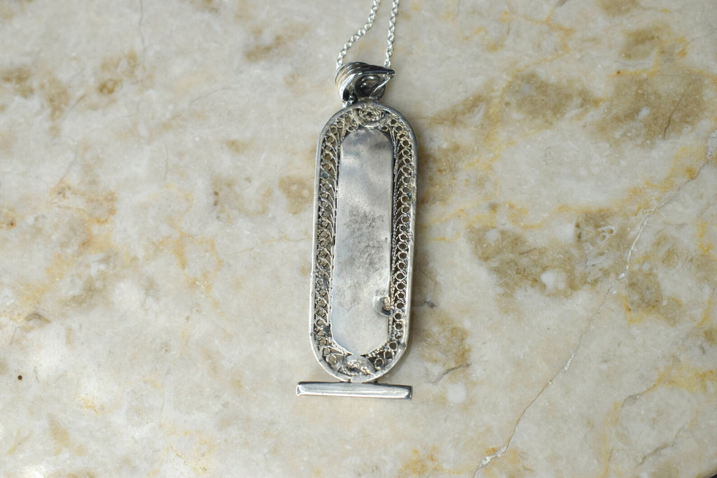 Large Vintage Sterling Silver and 18k Gold Hieroglyphs Cartouche Pendant Necklace c.1970s