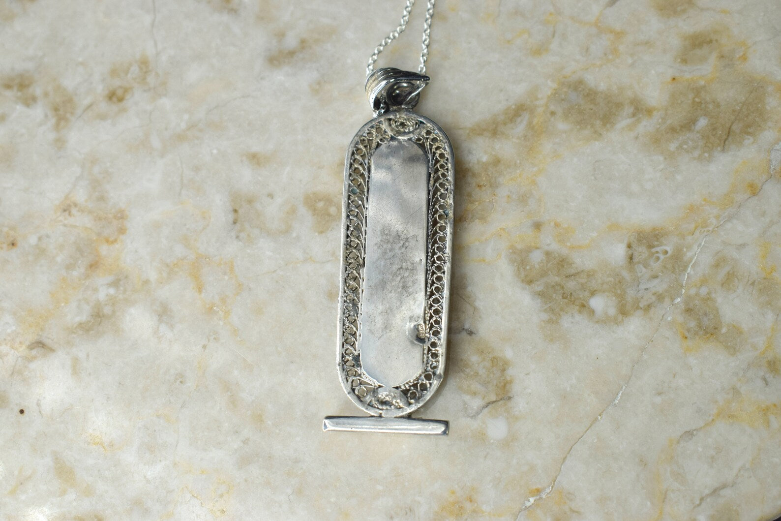 Large Vintage Sterling Silver and 18k Gold Hieroglyphs Cartouche Pendant Necklace c.1970s