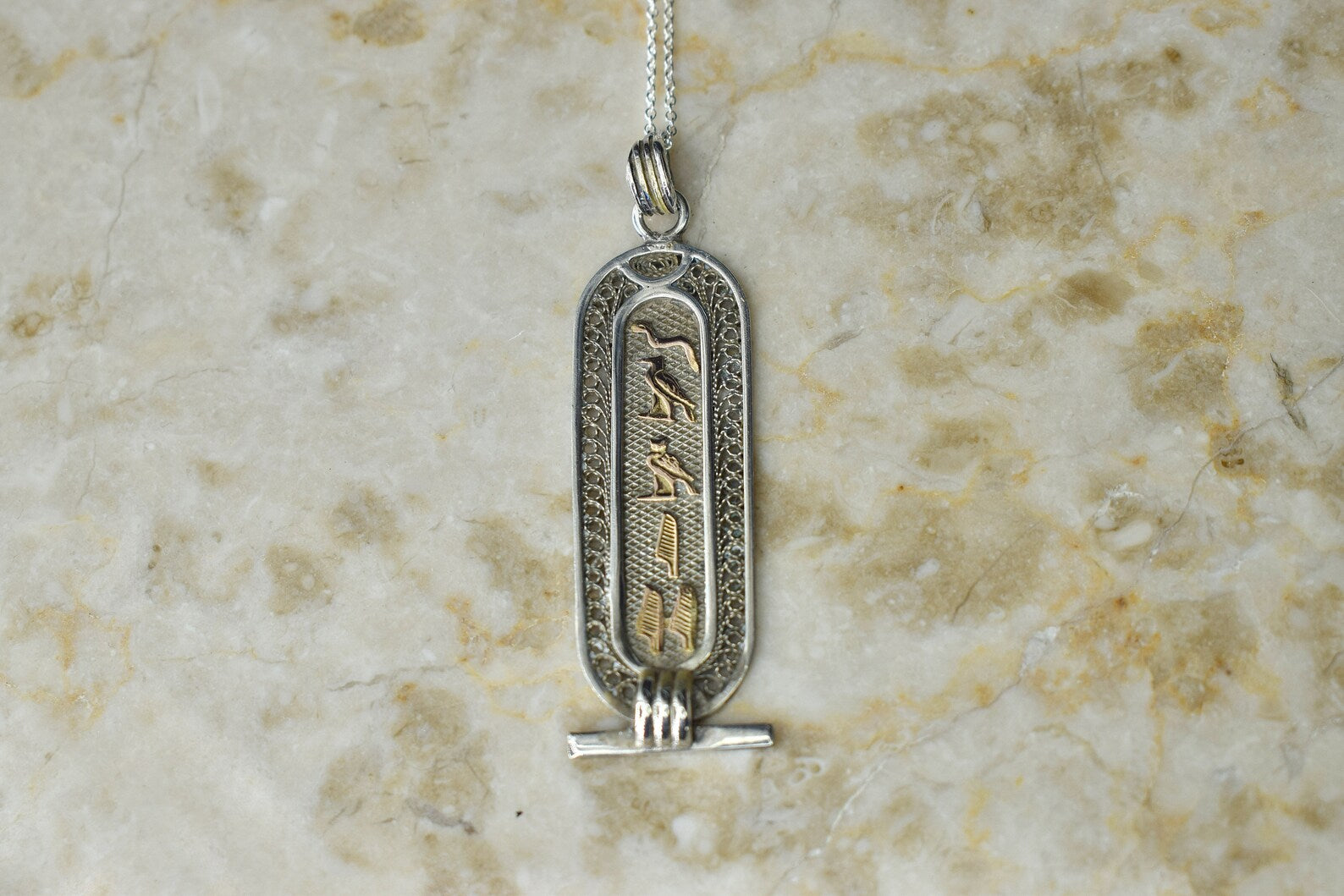 Large Vintage Sterling Silver and 18k Gold Hieroglyphs Cartouche Pendant Necklace c.1970s