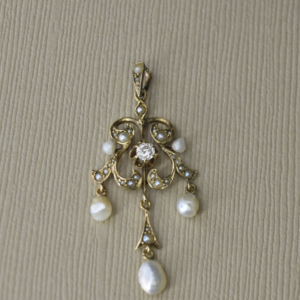 Antique Edwardian 14k Gold Diamond and Baroque Pearl Lavaliere Necklace c.1910