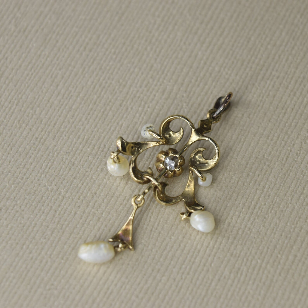 Antique Edwardian 14k Gold Diamond and Baroque Pearl Lavaliere Necklace c.1910