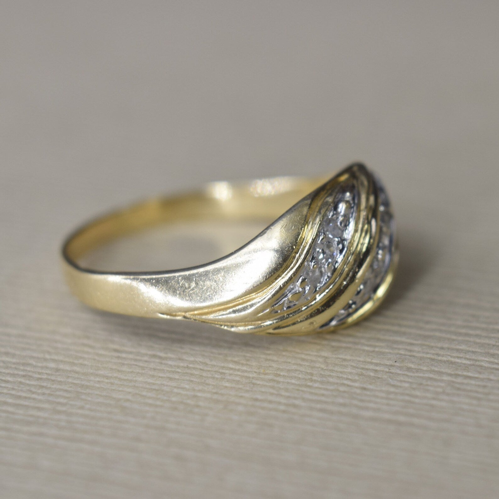 Vintage 14k White and Yellow Gold Diamond Croissant Ring c.1980s