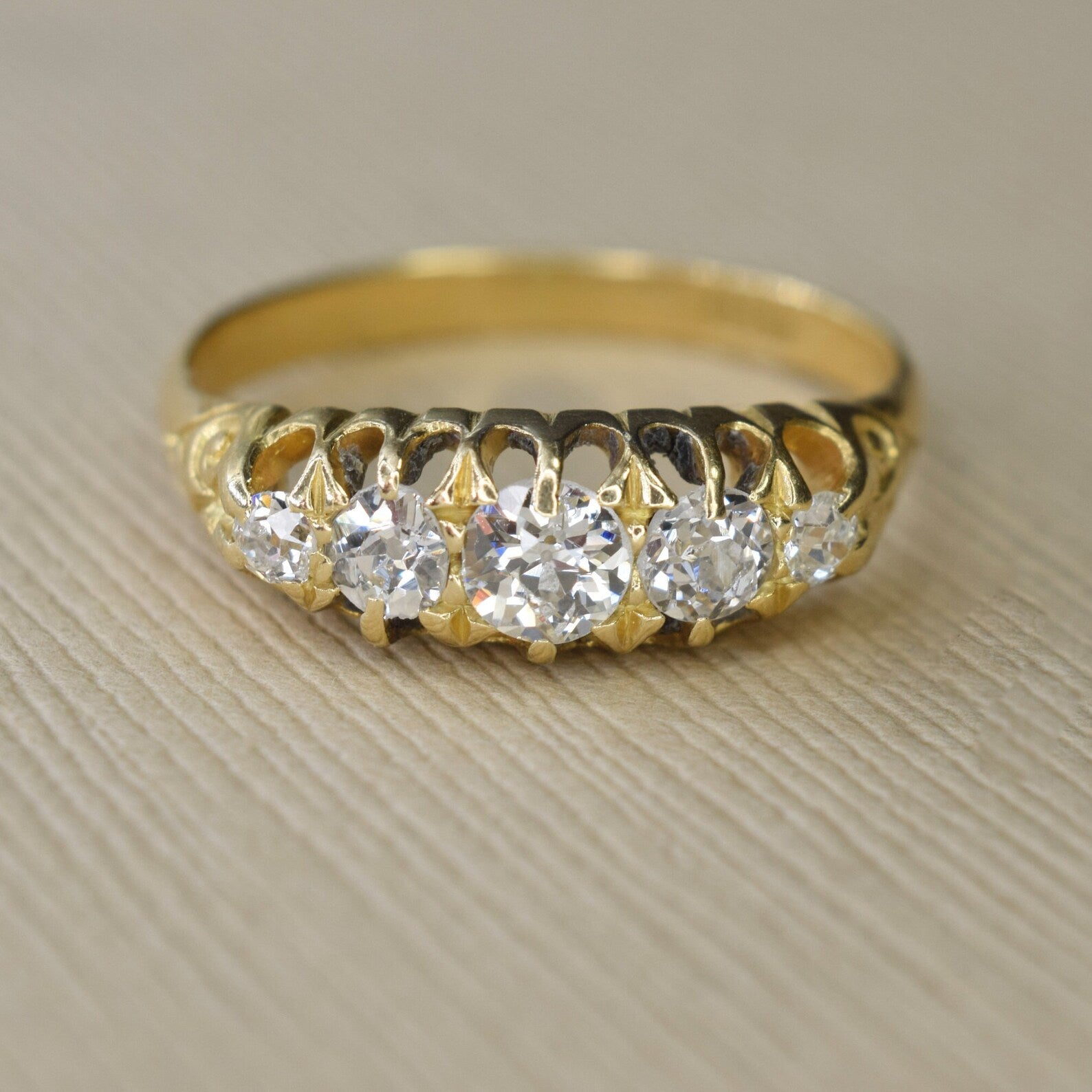 Antique 18k Gold Old European Cut Diamond Five Stone Band c.1900