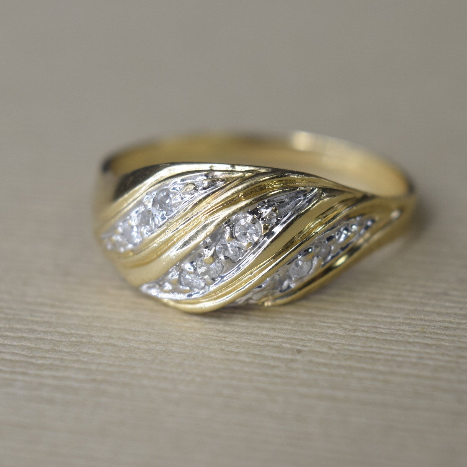 Vintage 14k White and Yellow Gold Diamond Croissant Ring c.1980s
