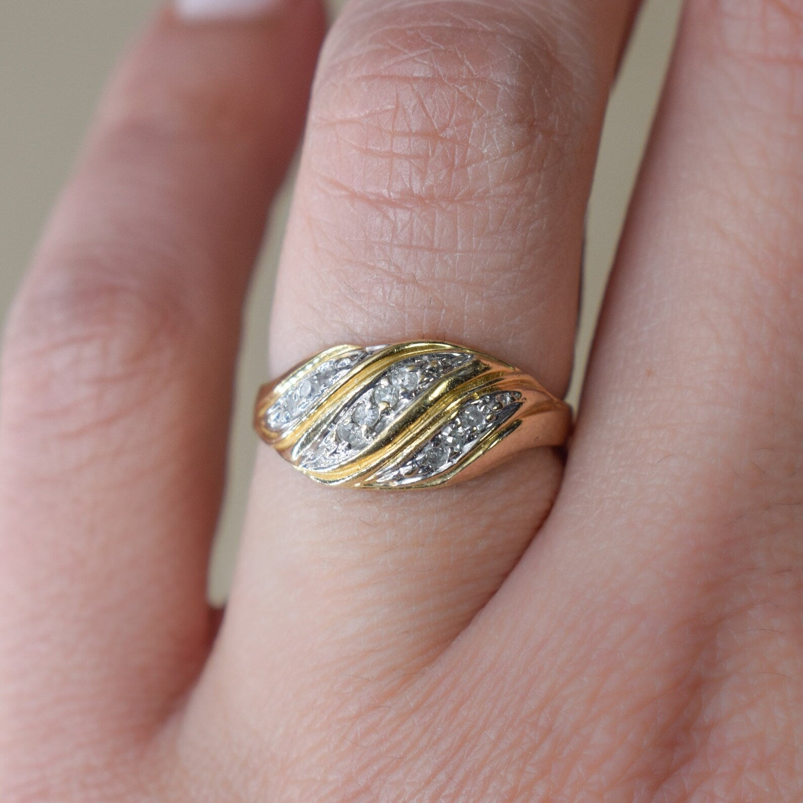 Vintage 14k White and Yellow Gold Diamond Croissant Ring c.1980s