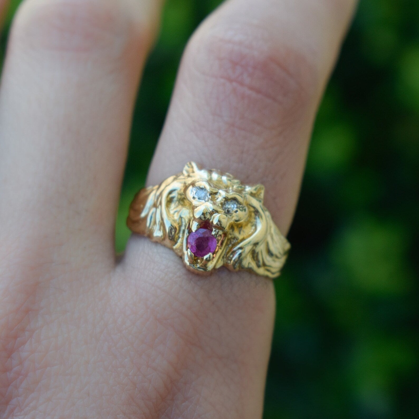 Vintage 14k Gold Lion Ring With Ruby and Diamond Eyes c.1970s