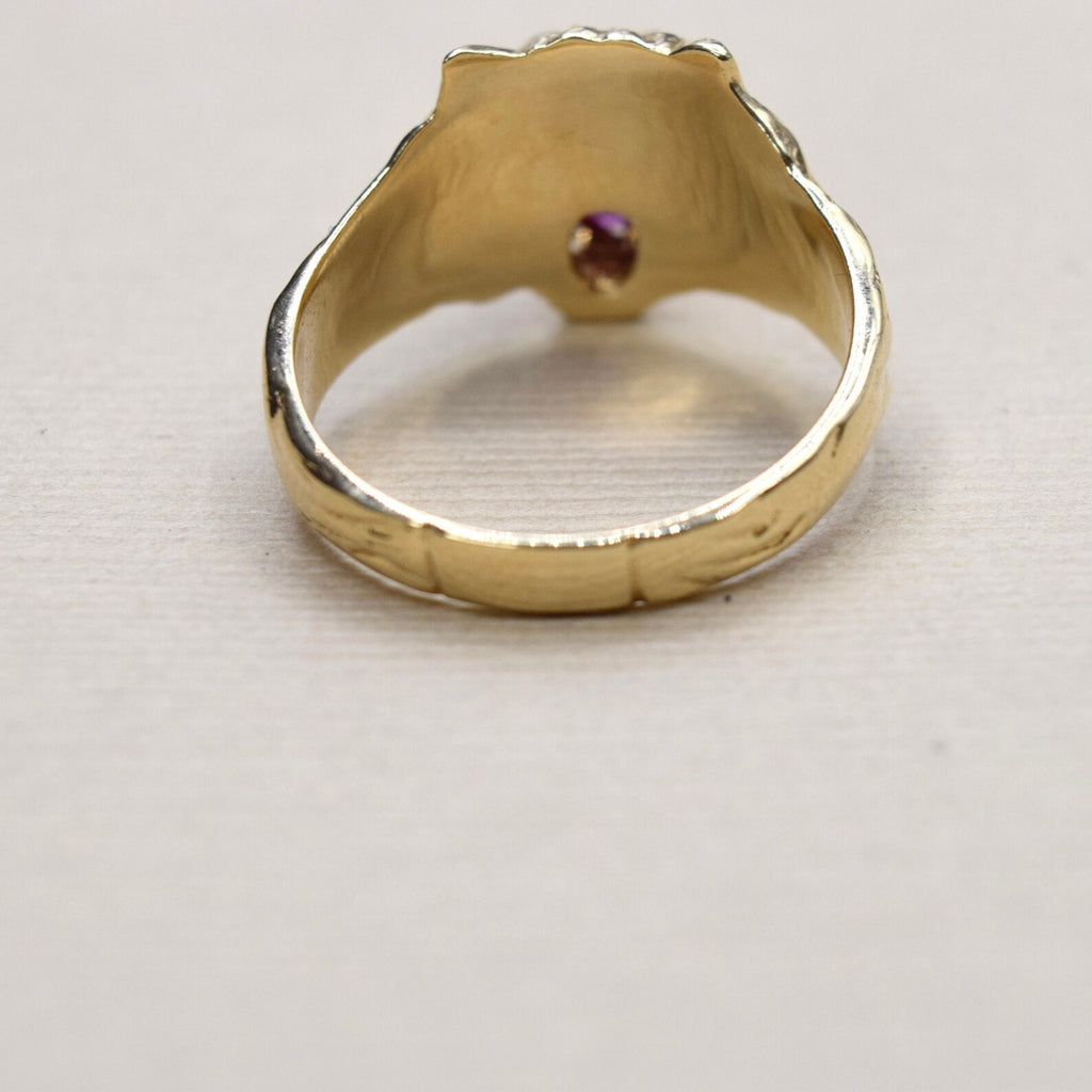 Vintage 14k Gold Lion Ring With Ruby and Diamond Eyes c.1970s