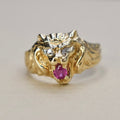 Vintage 14k Gold Lion Ring With Ruby and Diamond Eyes c.1970s
