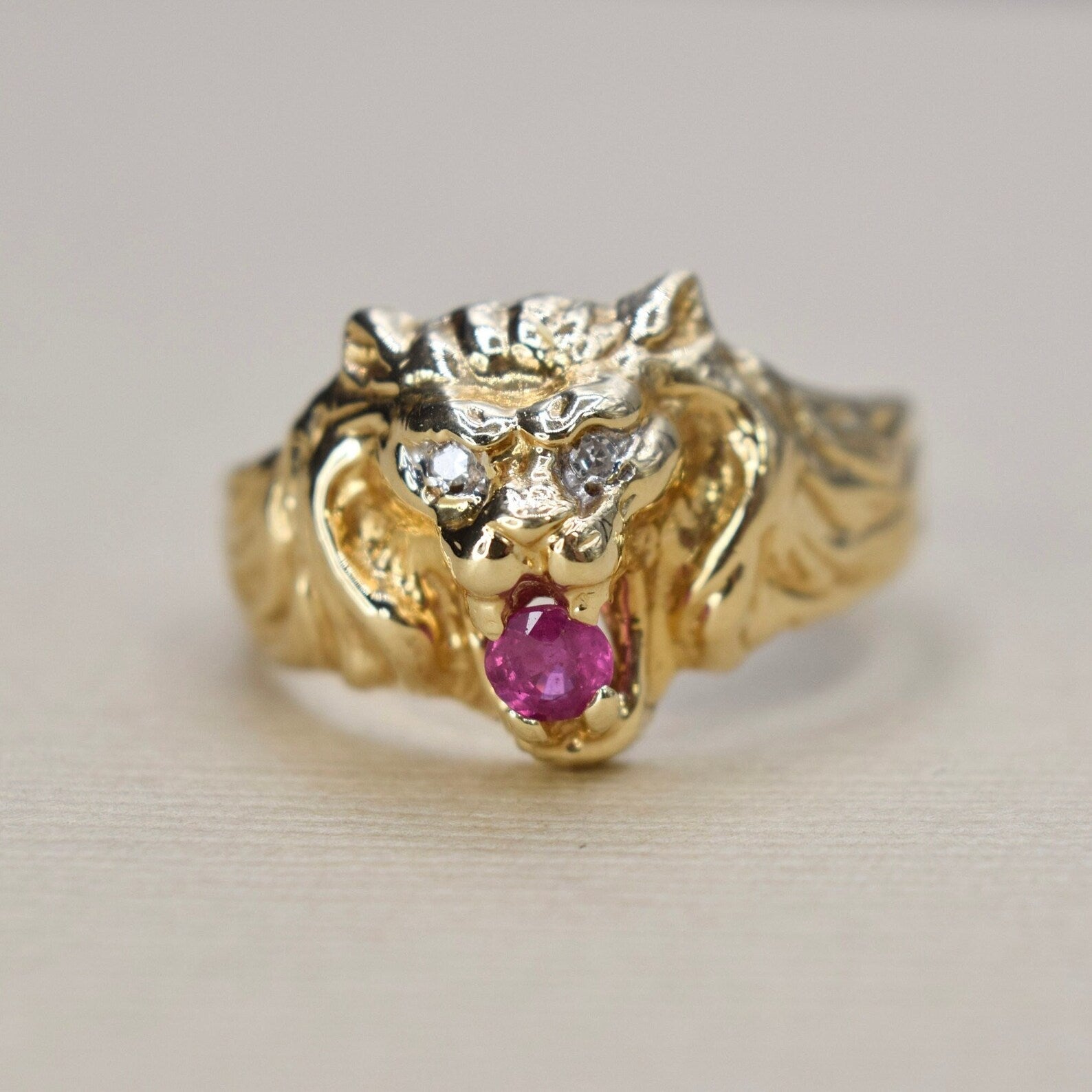 Vintage 14k Gold Lion Ring With Ruby and Diamond Eyes c.1970s