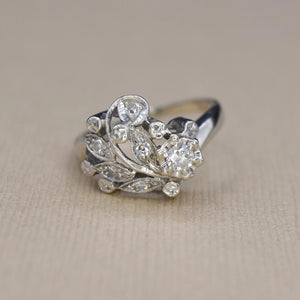 Vintage 14k White Gold and Diamond Floral Ring c.1940s