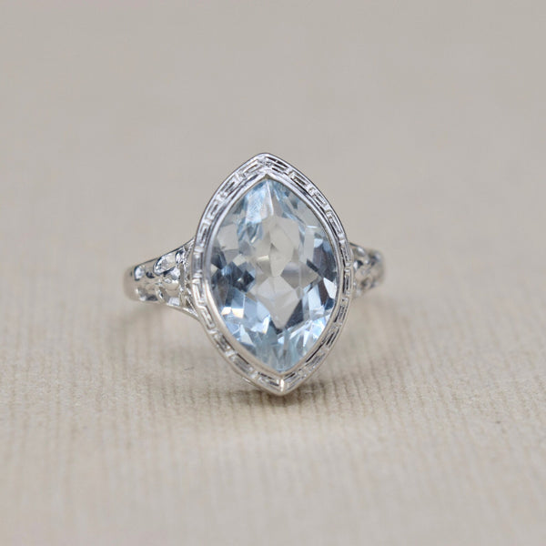 Antique Art Deco 14k White Gold Marquise Cut Aquamarine c.1920