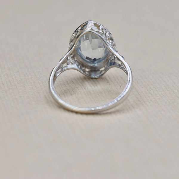 Antique Art Deco 14k White Gold Marquise Cut Aquamarine c.1920