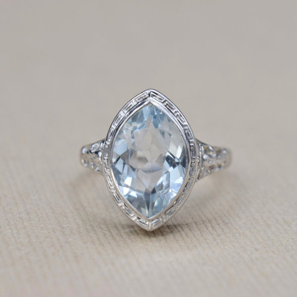 Antique Art Deco 14k White Gold Marquise Cut Aquamarine c.1920