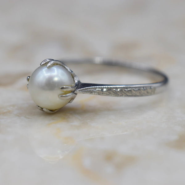 Antique Art Deco 14k White Gold Cultured Pearl Ring