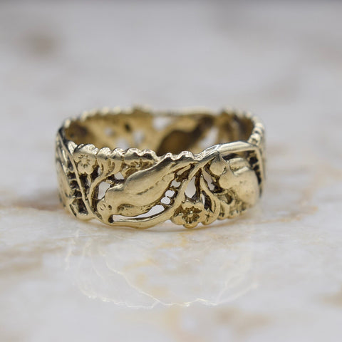 Antique 14k Gold Pierced Bird and Flower Wide Band c.1930s