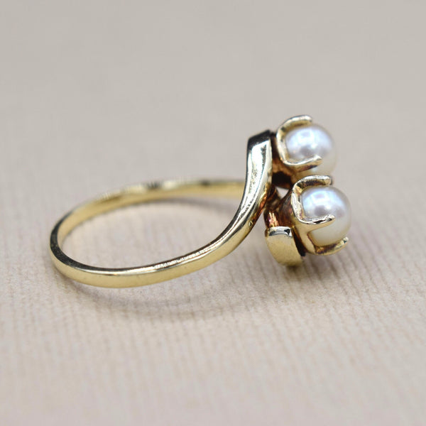 Vintage 14k Gold Cultured Pearl Toi et Moi Ring