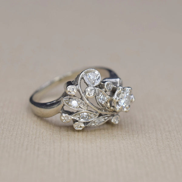 Vintage 14k White Gold and Diamond Floral Ring c.1940s