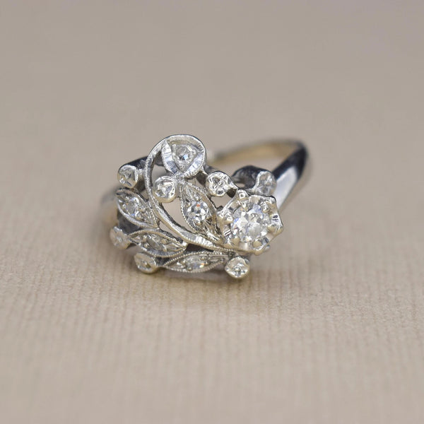 Vintage 14k White Gold and Diamond Floral Ring c.1940s