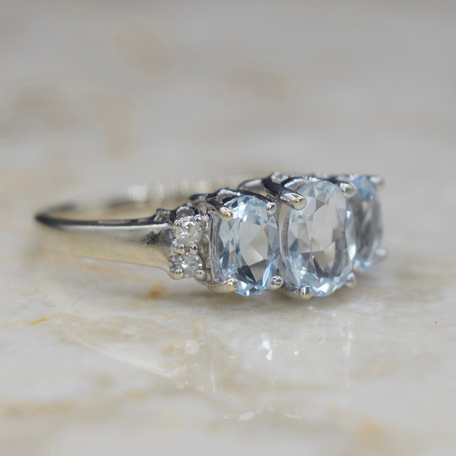 Vintage 14k White Gold Three Stone Aquamarine and Diamond Ring c.1990s