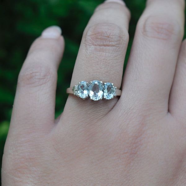 Vintage 14k White Gold Three Stone Aquamarine and Diamond Ring c.1990s