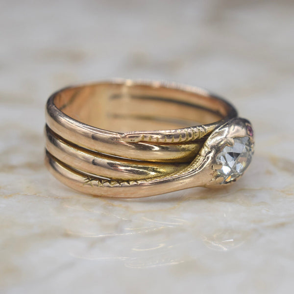 Antique Victorian 14k Gold Snake Ring with .65ct Old Mine Cut Diamond