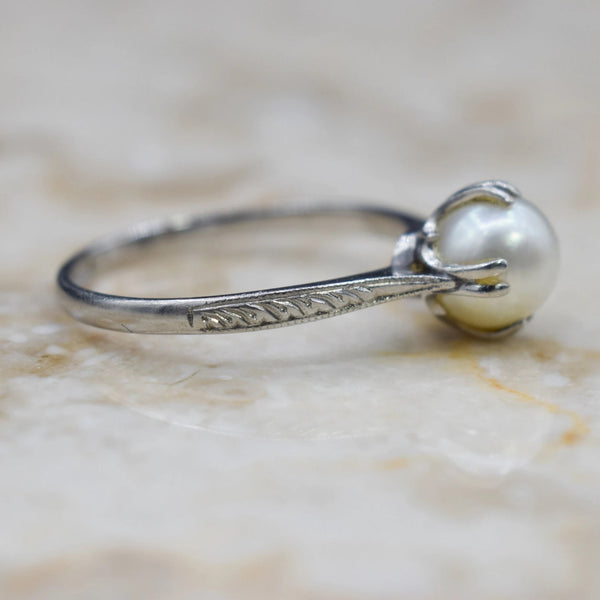 Antique Art Deco 14k White Gold Cultured Pearl Ring