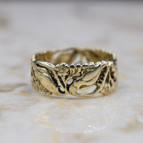 Antique 14k Gold Pierced Bird and Flower Wide Band c.1930s