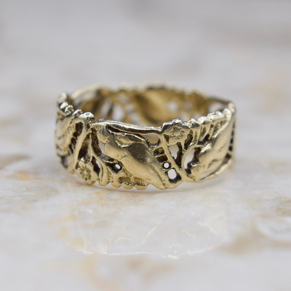 Antique 14k Gold Pierced Bird and Flower Wide Band c.1930s