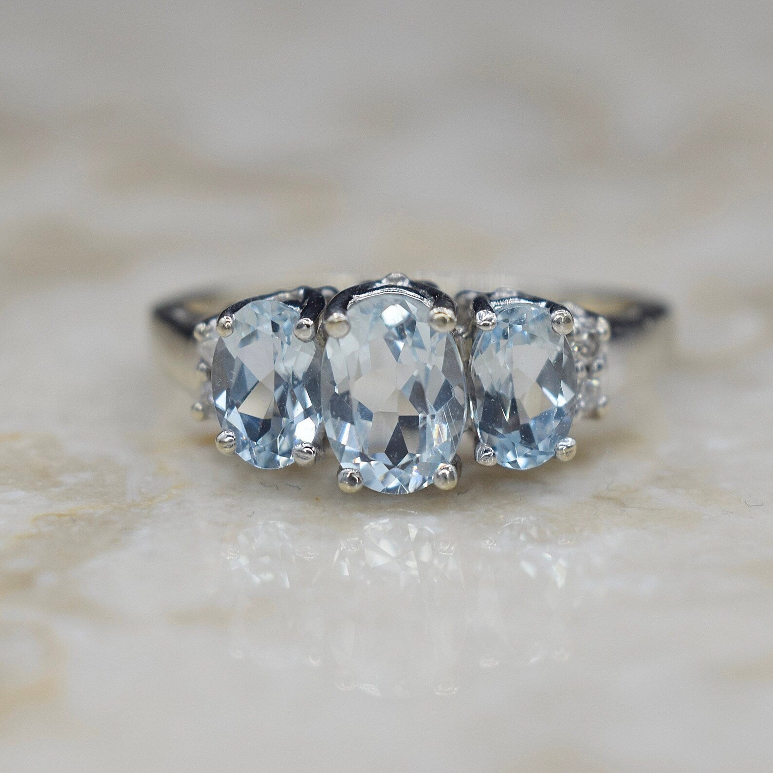 Vintage 14k White Gold Three Stone Aquamarine and Diamond Ring c.1990s