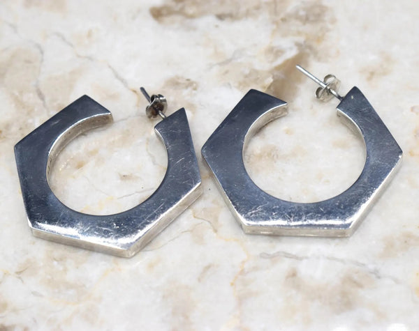 Vintage Mexican Sterling Silver Geometric Hoop Earrings c.1970s