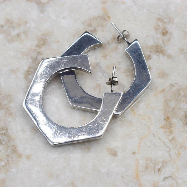 Vintage Mexican Sterling Silver Geometric Hoop Earrings c.1970s