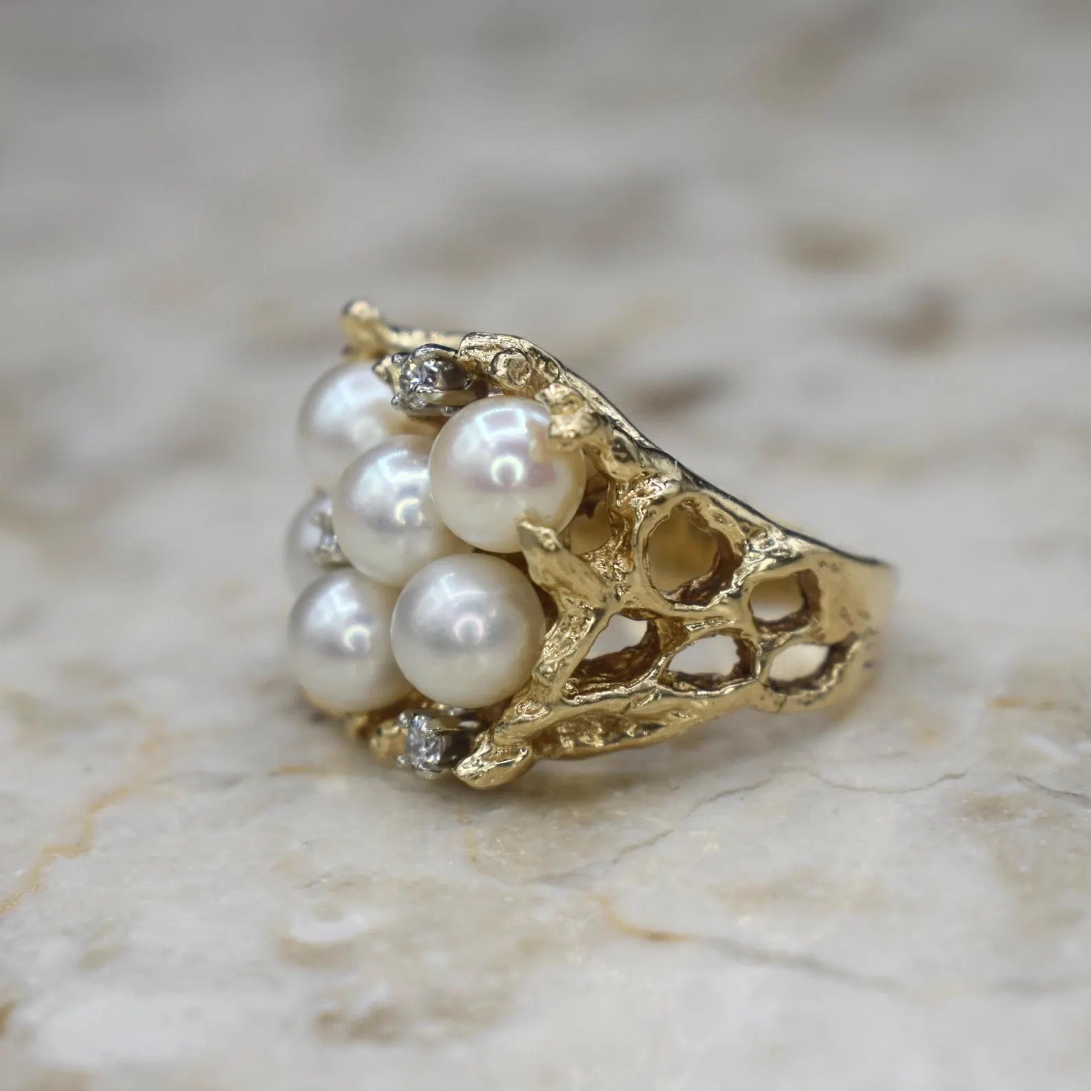 Vintage Brutalist Free Form 14k Gold Pearl and Diamond Ring