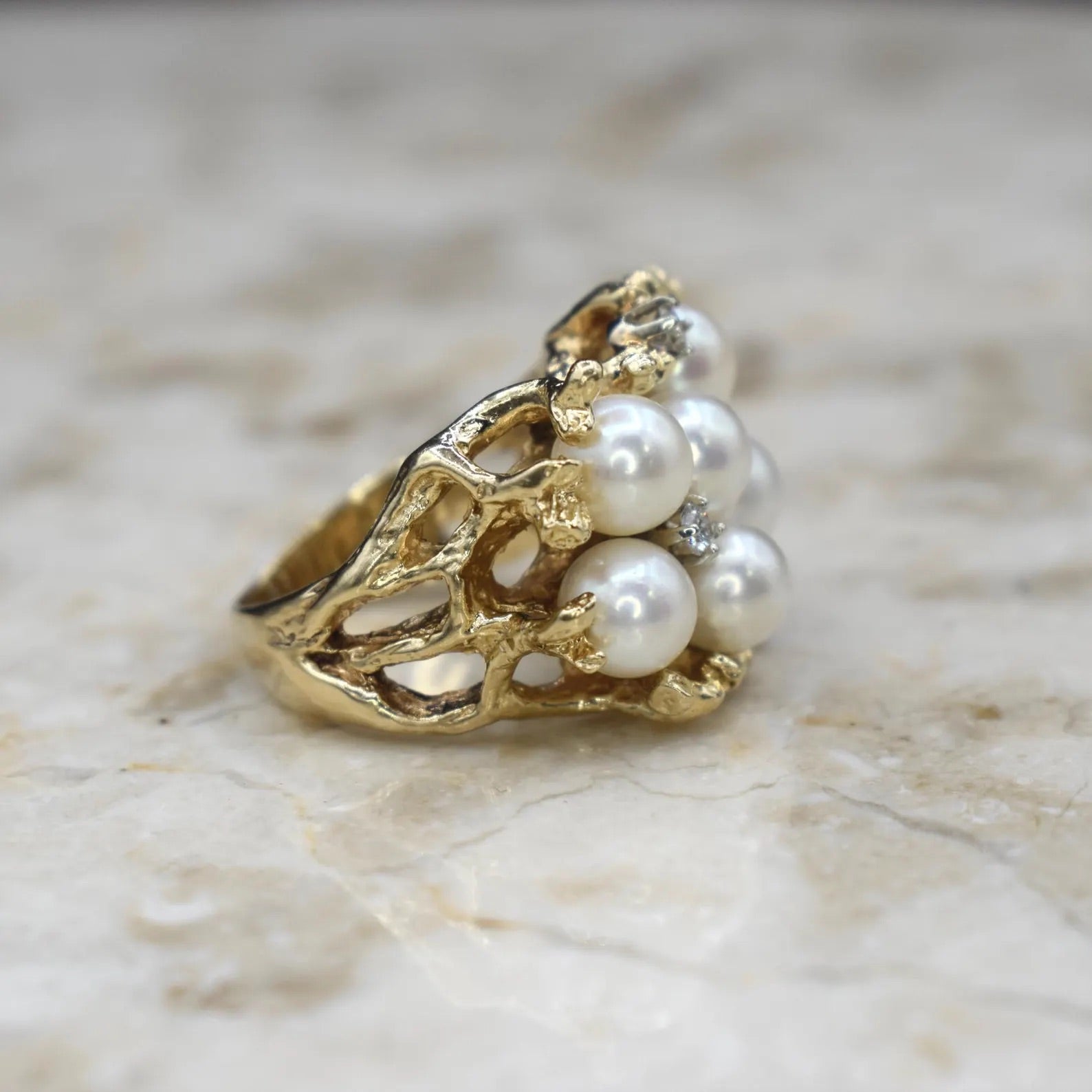 Vintage Brutalist Free Form 14k Gold Pearl and Diamond Ring